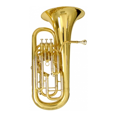 Tuba dourada com três pistões em fundo branco