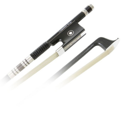 Dois arcos para violino, parte superior preta com detalhes metálicos e vara clara