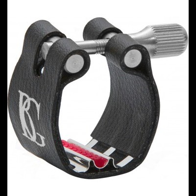 Abraçadeira preta para instrumento musical com parafuso metálico e letras RL em branco