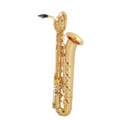 Saxofone tenor dourado com bocal preto em fundo branco