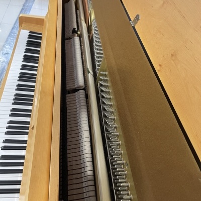 Piano vertical aberto mostrando teclado e mecanismo interno