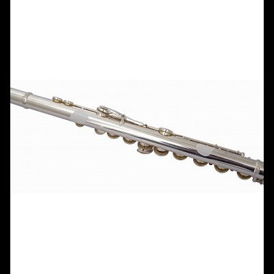 Flauta transversal metálica prateada com chaves e botões sobre fundo branco