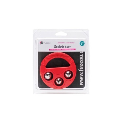 Grelots red baby toy with metallic bells in clear plastic packaging