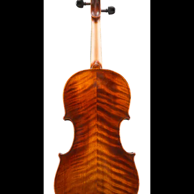 Violino vista traseira com madeira brilhante castanho-avermelhada e cravelhas pretas