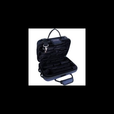 Estojo de transporte preto com interior acolchoado e alça de mão