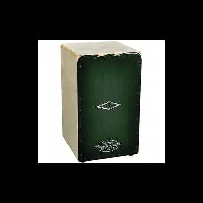 Cajón musical verde escuro com corpo em madeira clara e texto branco