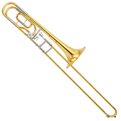 Trombone dourado com detalhes prateados sobre fundo branco