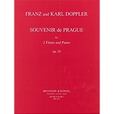 Capa vermelha com texto branco de partitura musical para 2 flautas e piano