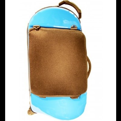 Mala de viagem azul com bolso castanho exterior.