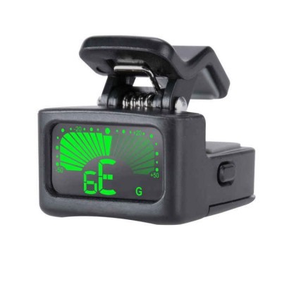Afinador digital preto com visor LED verde e clip de fixação
