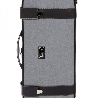 Estojo rígido cinzento com alça preta e etiqueta bam