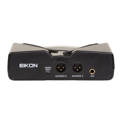 Interface de áudio EIKON preta com conectores Balanced, POWER INPUT e AUX