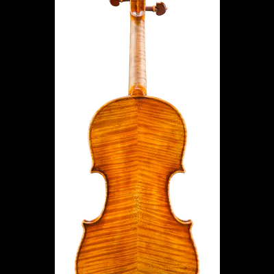 Violino de madeira visto de trás com acabamento lustroso castanho.