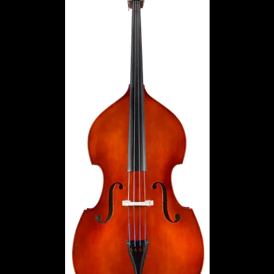 Contrabaixo acústico de madeira laranja-avermelhado com madeira escura.