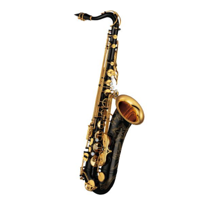 Saxofone tenor preto com detalhes dourados e gravações decorativas