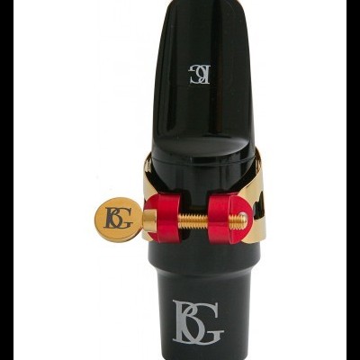 Boquilha preta para saxofone com braçadeira metálica dourada e vermelha com parafuso