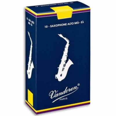 Embalagem azul de palhetas para saxofone Vandoren com o desenho de um saxofone branco