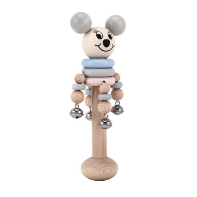 Brinquedo de madeira com cabeça sorridente, anéis empilháveis e sinos metálicos