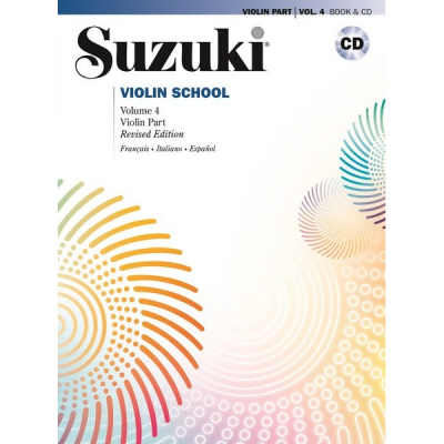 Capa do livro Suzuki Violin School Volume 4 com padrões circulares coloridos