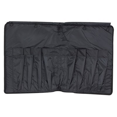 Estojo organizador preto com múltiplos bolsos verticais e orifícios para pendurar