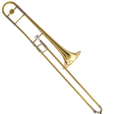 Trombone dourado com acabamento brilhante sobre fundo branco