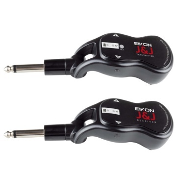 Dois dispositivos eletrónicos pretos com plugs jack, rotulados transmitente e recetor