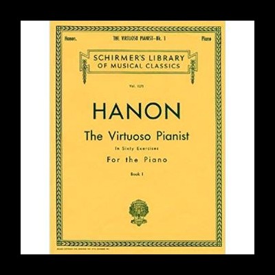 Capa amarelo-mostarda do livro musical HANON The Virtuoso Pianist com moldura decorativa preta