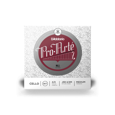 Embalagem de cordas para violoncelo D'Addario Pro-Arte com fundo padrão ornamental cinza