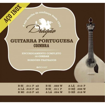 Embalagem de cordas para guitarra portuguesa Dragão Coimbra com imagem da guitarra à direita