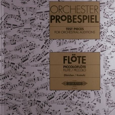 Capa de livro de música com padrão de notas e texto sobre peças de prova para flauta e piccolo