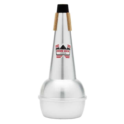 Sordinha de metal prateado com texto 'DENIS WICK LONDON'