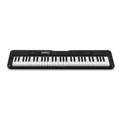 Teclado eletrônico Casio preto com 61 teclas visível em fundo branco