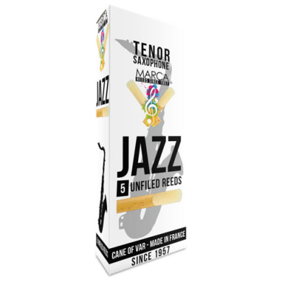 Embalagem branca de palhetas para saxofone tenor com texto e imagem musical