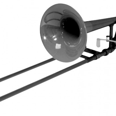 trombón de metal negro con campá gris sobre fondo blanco