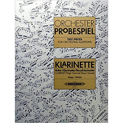 Livro com tema musical e texto sobre provas orquestrais para clarinete