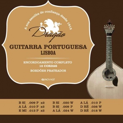 Cartaz publicitário com uma guitarra portuguesa e informações de encordoamento