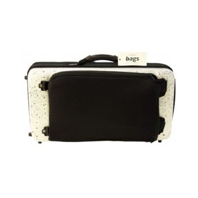 Mala rígida preta e branca com padrão salpicado e bolso frontal preto