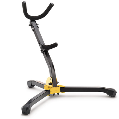 Suporte para instrumento musical metálico preto com base amarela e pés de borracha