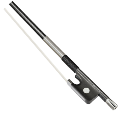 Arco para violino com madeira escura e partes metálicas prateadas