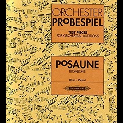 Livro de partituras para trombone com design amarelo e notas musicais pretas