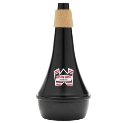 Sordinha preta para instrumento de sopro com tampa de cortiça e logo Denis Wick London