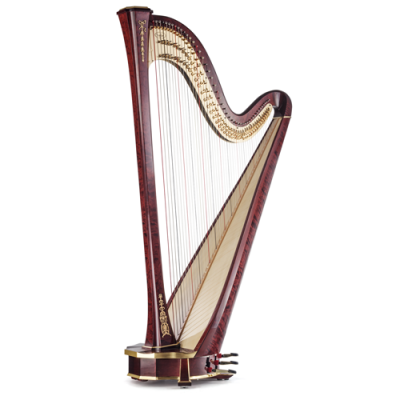 Harpa de madeira escura com cordas e detalhes dourados