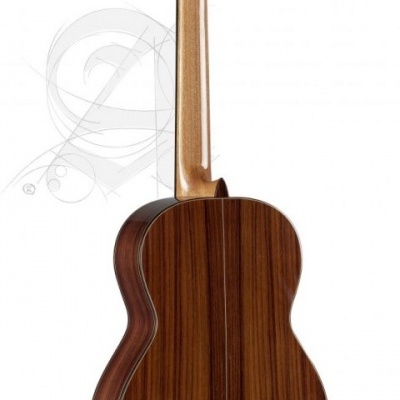 Guitarra clássica de madeira vista pela parte de trás com fundo branco