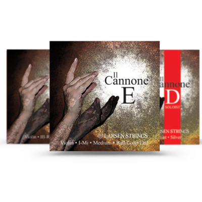 Caixas de cordas para violino da Larsen Strings com mãos e texto Il Cannone