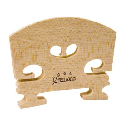 Ponte de violino de madeira clara com texto Gremona e estrelas