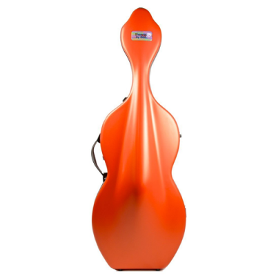 Estojo rígido laranja para violoncelo com manípulo preto e etiqueta