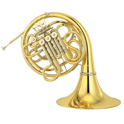 Trompa dourada de metal com pistões em fundo branco