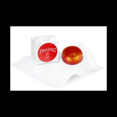 Colofónio para arco TONICA da marca PIRASTRO, cor castanha avermelhada, com embalagem branca e pano branco