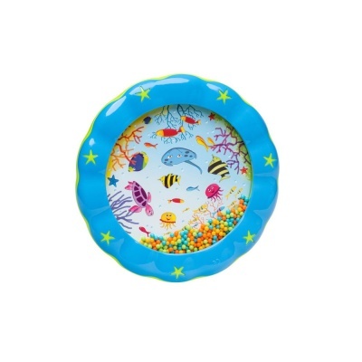 Jogo infantil redondo azul com desenhos de animais marinhos e bolas coloridas