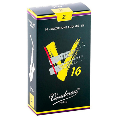 Embalagem preta de palhetas Vandoren V16 para saxofone alto com texto e detalhes coloridos